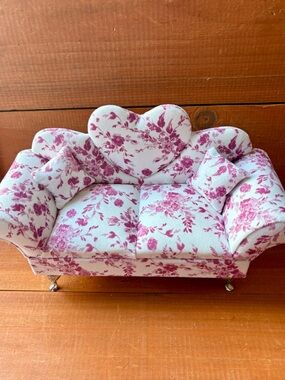 Miniature French-Floral Doll House Sofa Jewelry Box Pink Upholstered with Mirror